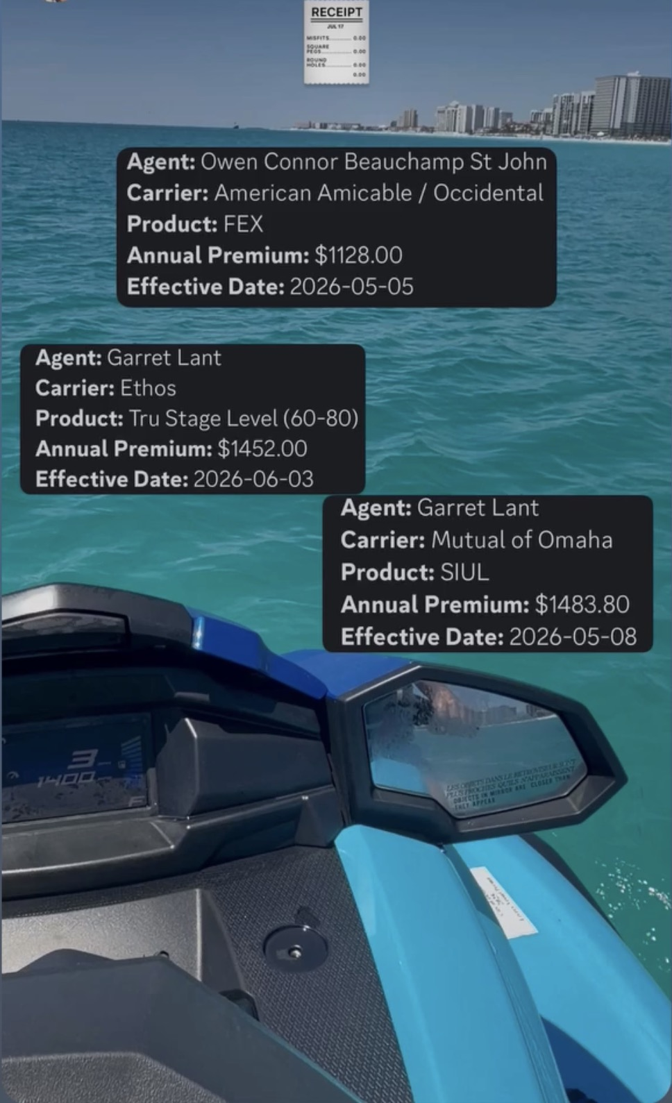 Sales production updates shown while an agent is on the water