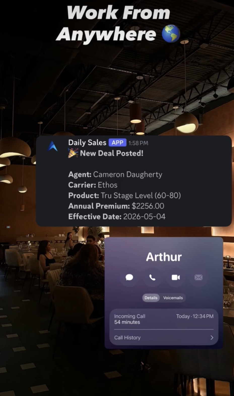 A new policy update and a client call shown from a restaurant